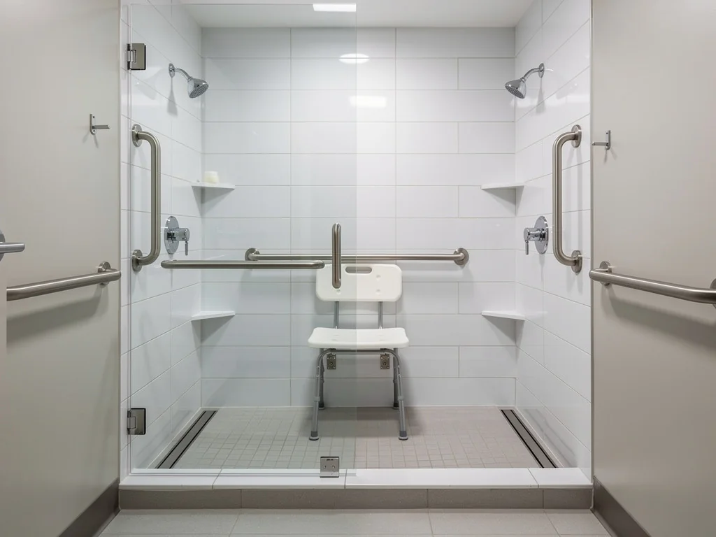 Barres d'appui en inox et siège rabattable dans une salle de bain adaptée